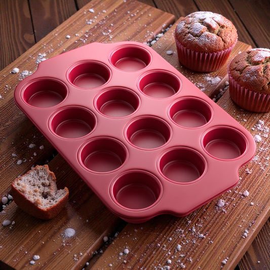 Docra 12-Cup Silicone Muffin Pan - Non-Stick Red